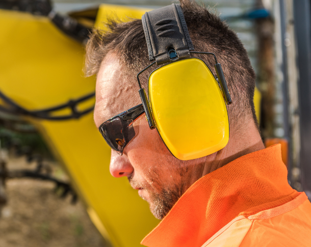 Over the ear hearing protection on a construction site.